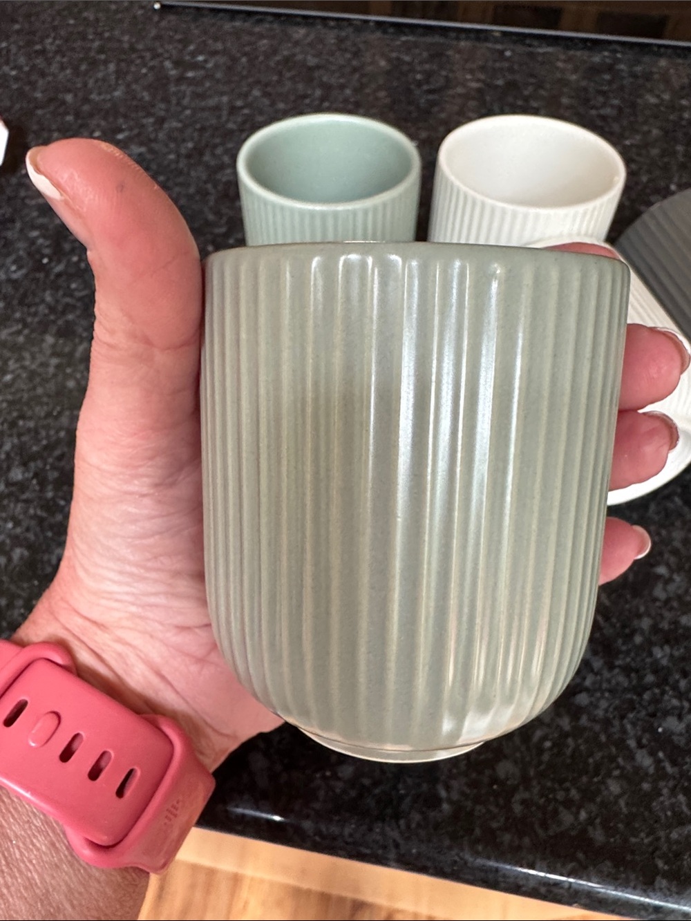 NORWEX Ribbed Ceramic Tumbler Set - 2 White, 2 Sage & 1 Gray - Picture 3 of 6